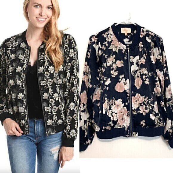 SKIES ARE BLUE STITCH FIX ANTHROPOLOGIE Flower Printed Bomber Jacket Navy Floral - Picture 1 of 15